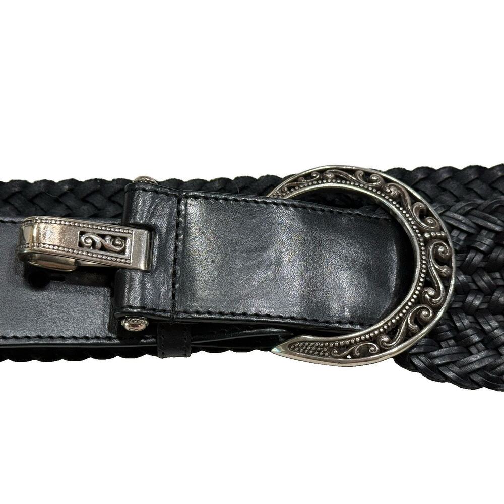 Brighton B30873 Black Braided Leather Belt Silver Scroll Buckle Boho Western EUC - Picture 2 of 8
